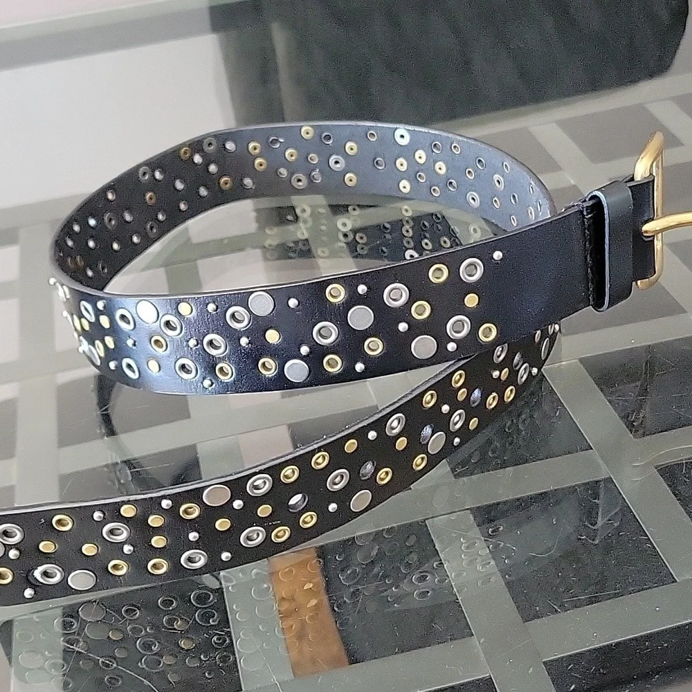 Y2K Genuine Bonded Black Leather Silver Brass Studded Embellished Belt New